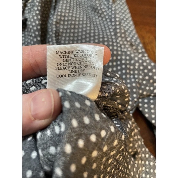 Womens Plus 2X Boho Career Casual Grey Polk Dot Bell Sleeve Lace Up Neck Blouse - Picture 10 of 13